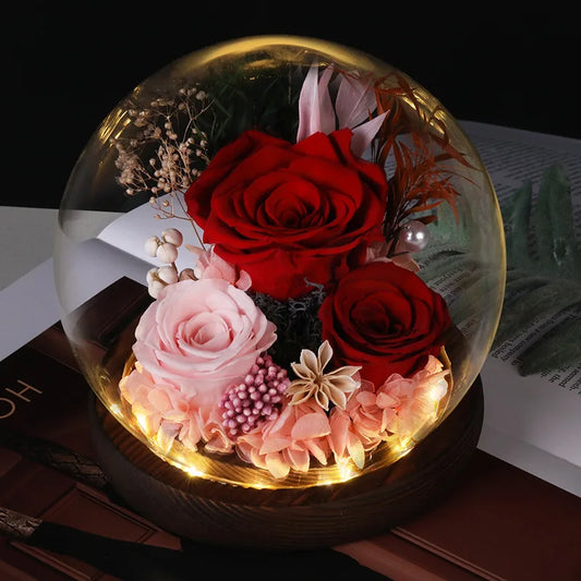 Wedding Decoration Decor Eternal Rose LED Light Preserved Flower in Glass Cover Mothers Day Gifts Birthday Party Valentines Day